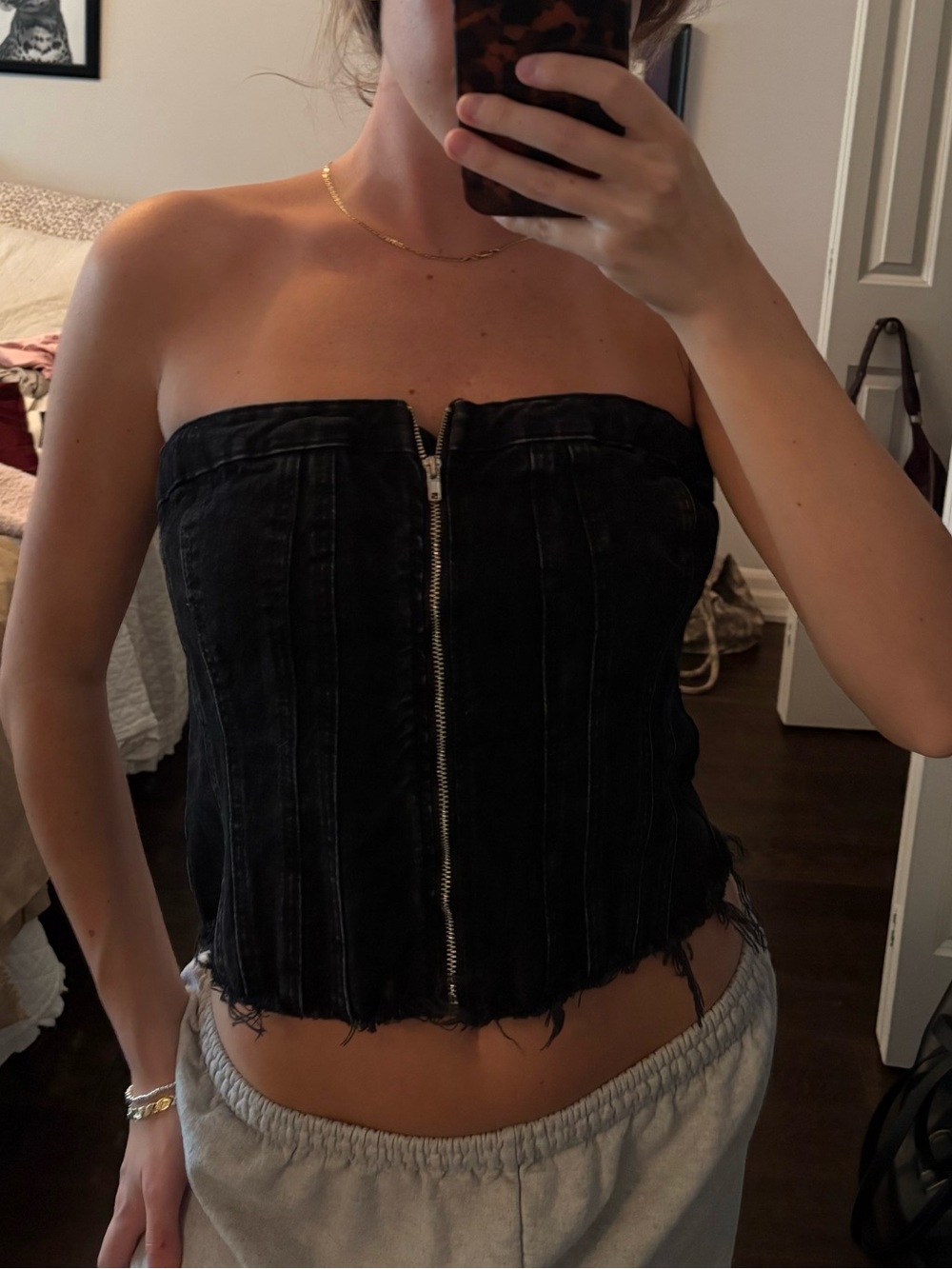 Zara Black Denim Corset Tube Top with Front Zip